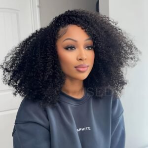 ISEE Afro Kinky Curly 3 In 1 Half Wig Glueless Wigs Human Hair Seamless Kinky Curly Flip Over Beginner Friendly Wear & Go Drawstring Band Clip in Wig Human Hair Black Color 24 Inch