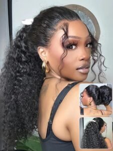 ISEE Hair Hidden Strap Water Wave Invisi-Drawstring Flexible Fit 360 Lace Frontal Glueless Wig Human Hair Pre Plucked Pre Bleached 180% Density Wet and Wavy 360 Full Lace Front Wigs 22 inch