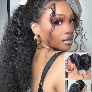 ISEE Hair Hidden Strap Water Wave Invisi-Drawstring Flexible Fit 360 Lace Frontal Glueless Wig Human Hair Pre Plucked Pre Bleached 180% Density Wet and Wavy 360 Full Lace Front Wigs 22 inch