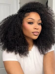 ISEE Afro Kinky Curly 3 In 1 Half Wig Glueless Wigs Human Hair Seamless Kinky Curly Flip Over Beginner Friendly Wear & Go Drawstring Band Clip in Wig Human Hair Black Color 22 Inch