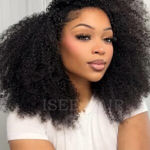 ISEE Afro Kinky Curly 3 In 1 Half Wig Glueless Wigs Human Hair Seamless Kinky Curly Flip Over Beginner Friendly Wear & Go Drawstring Band Clip in Wig Human Hair Black Color 22 Inch